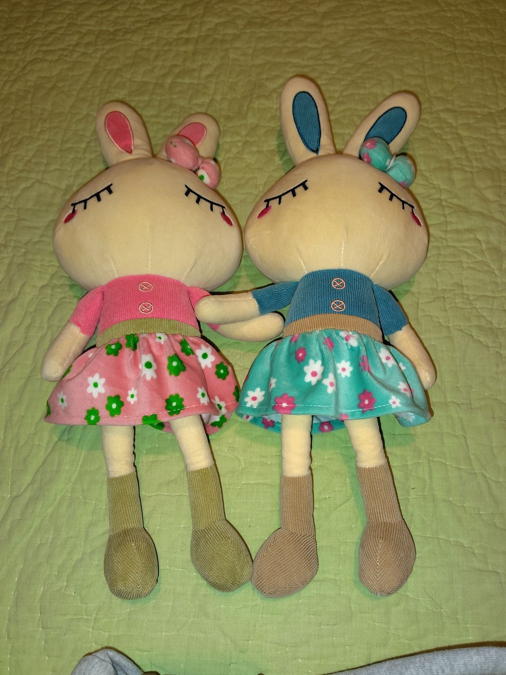 Plush Bunny Pair - Pink and Teal Floral Dresses
